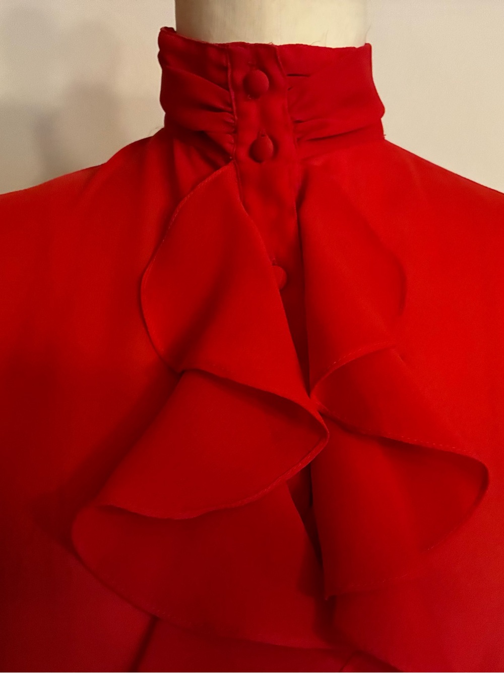 Ellen Ashley Red Ruffle Front High-Neck Blouse Sheer “Secretary” Style 70s 80s - Picture 3 of 7